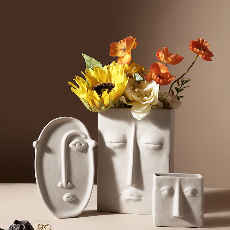 Vase Céramique Créatif Nordique - Décoration Simple avec Visages