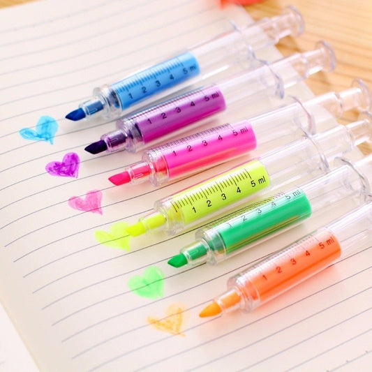 Stylo Fluorescent Style Seringue – Set de 6 Highlighters Colorés